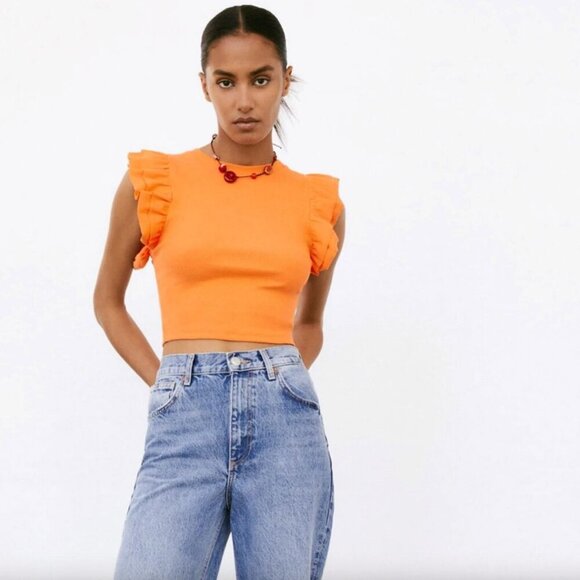 Zara Top Sz M Orange Ribbed Tiered Ruffled Cap Short Sleeve Cropped Stretchy - Picture 2 of 5